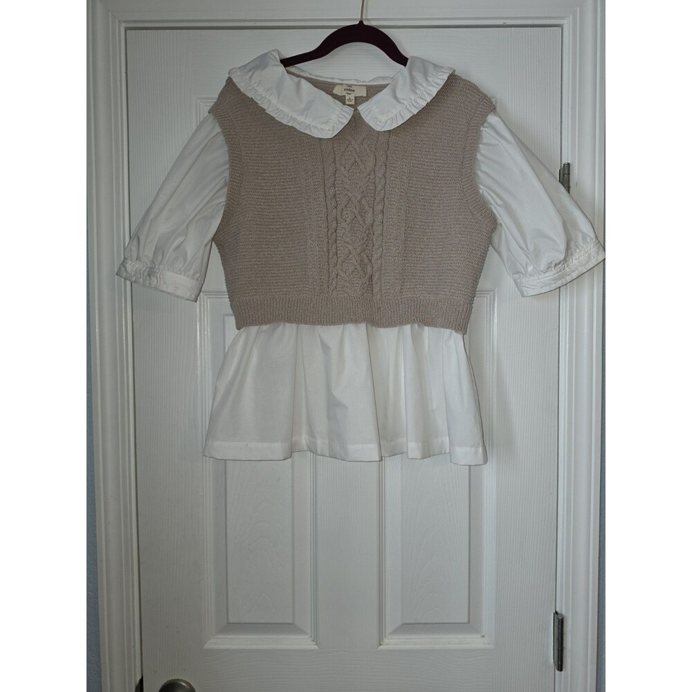 Entro Boutique Ruffled Collar White Top with Sweater Vest Over Preppy Size L